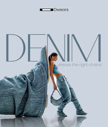 Werbeanzeige für Denim-Mode: Model vor einer überdimensionierten Jeansfläche mit dem Schriftzug Denim