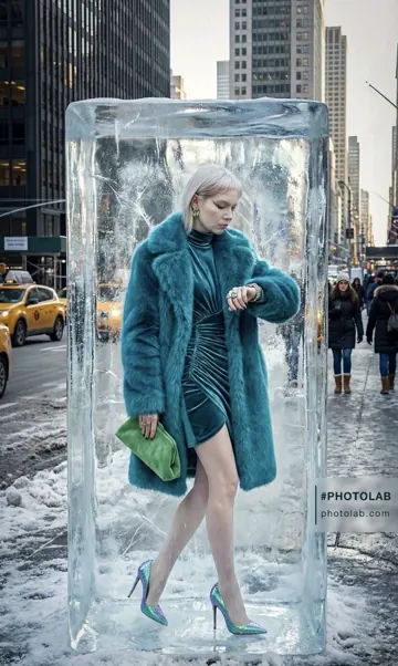 Konzeptionelle Werbeanzeige: Person in Wintermode in einem Eisblock mitten auf einer Strasse