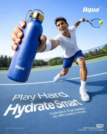 Werbeanzeige für eine Trinkflasche: Tennisspieler in Bewegung auf dem Platz