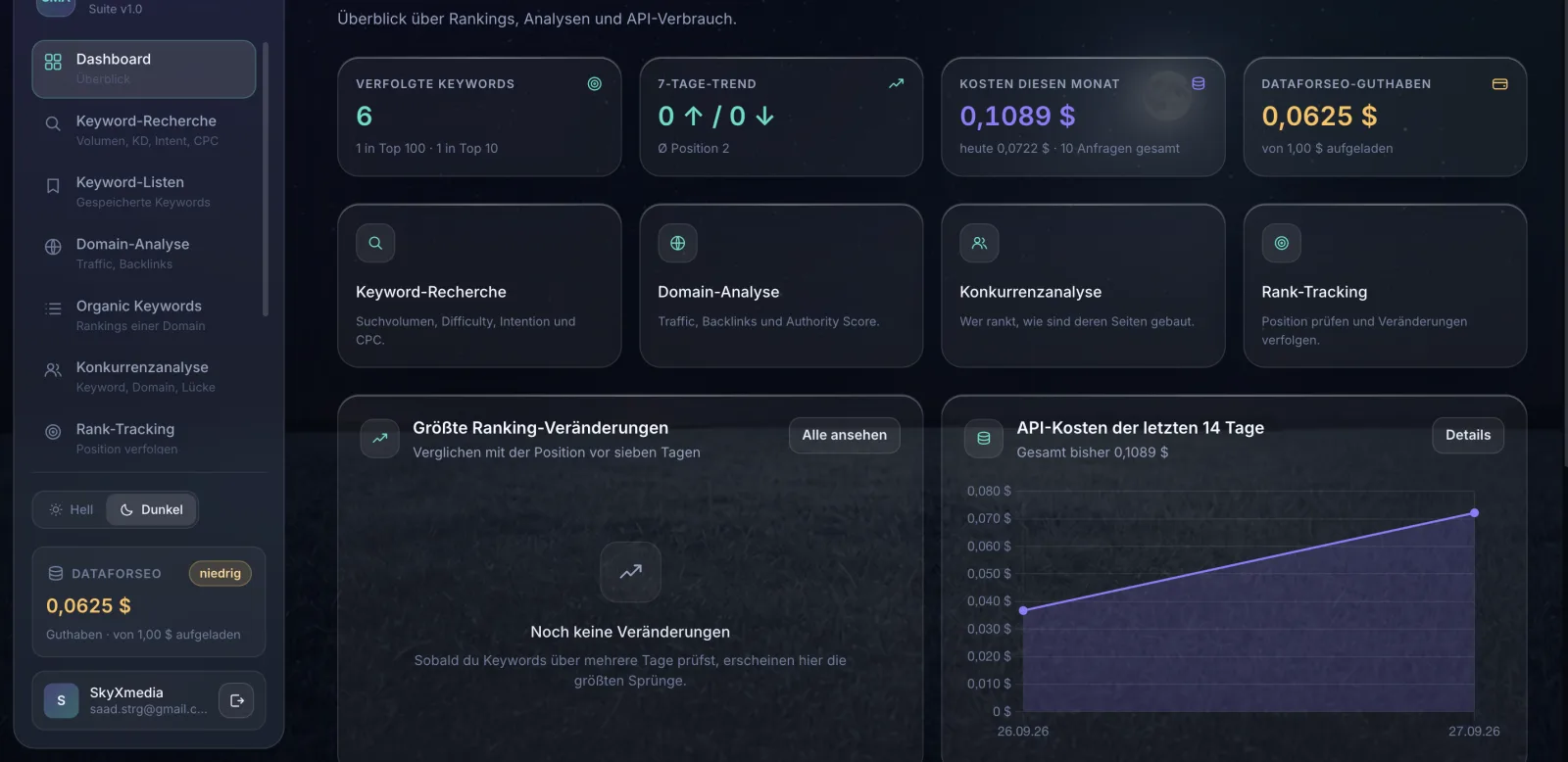 Das Dashboard von SkyXSEO mit Sichtbarkeit, Platzierungen und Verbrauch