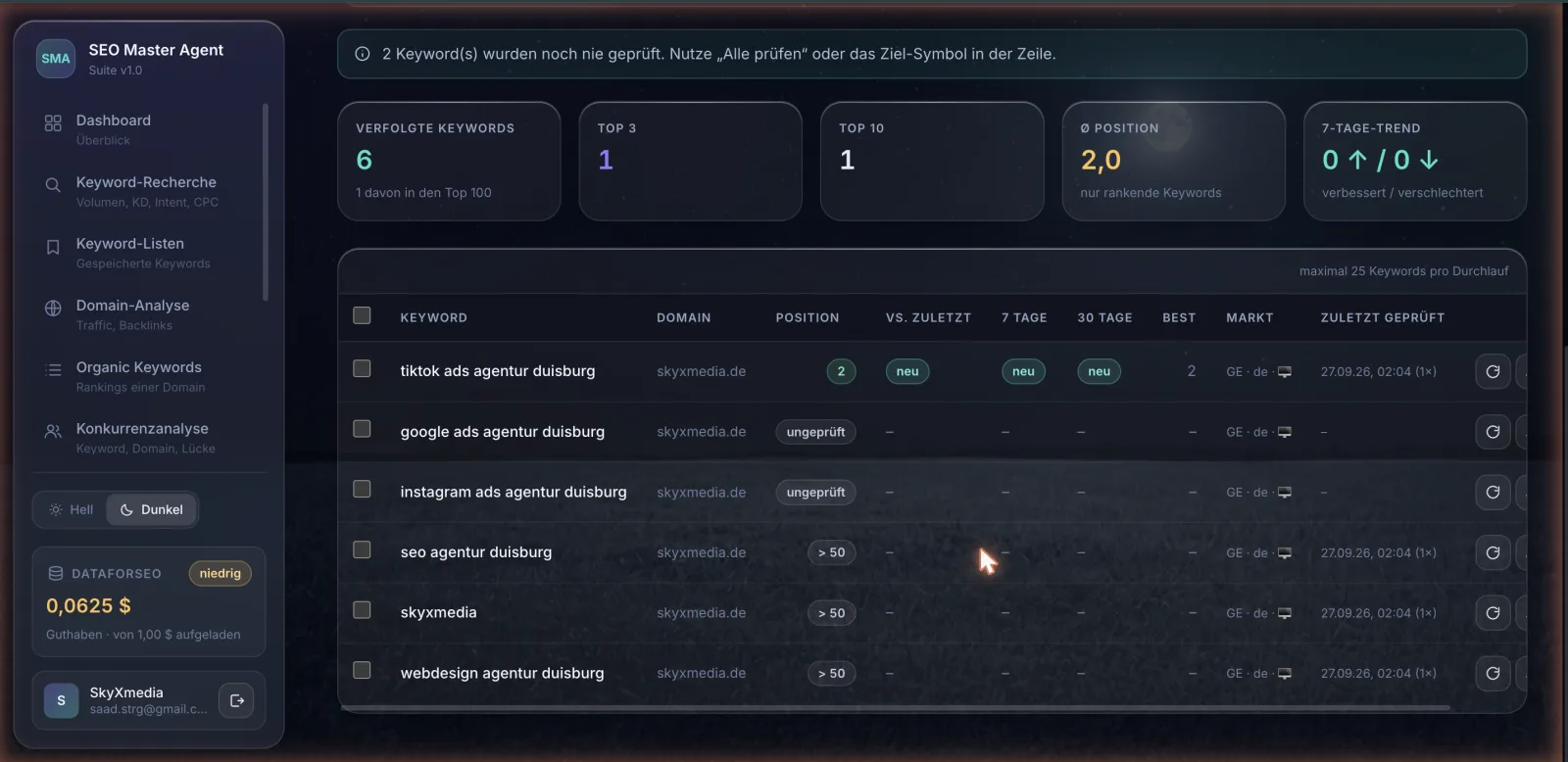 Rank-Tracking in SkyXSEO mit Platzierungsverlauf je Suchbegriff